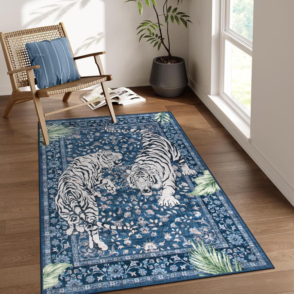 imageMoynesa Tiger Washable Rugs 8x10 Area Rugs for Living Room Soft Large Vintage 8x10 Bedroom Green Rug Botanical Non Slip Ultra Thin Floor Carpet for Dining Room Home OfficeBlue