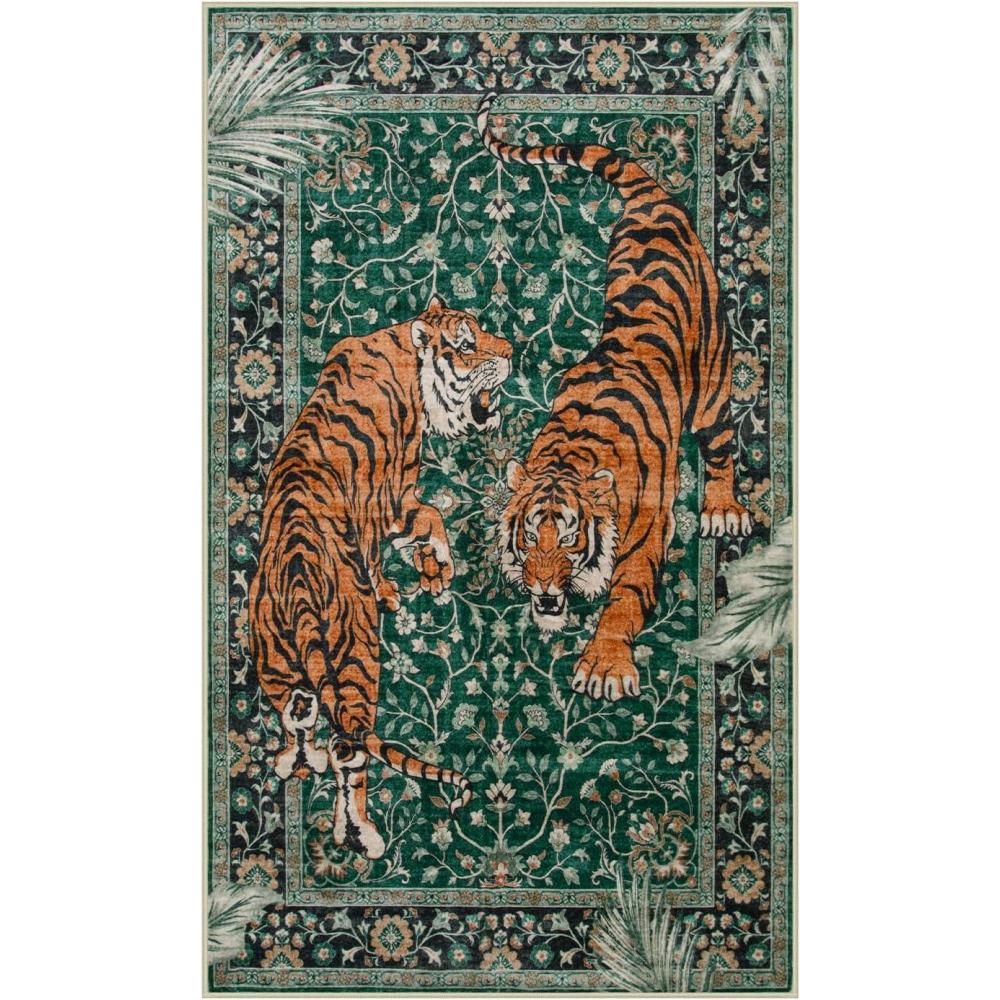 imageMoynesa Tiger Washable Rugs 8x10 Area Rugs for Living Room Soft Large Vintage 8x10 Bedroom Green Rug Botanical Non Slip Ultra Thin Floor Carpet for Dining Room Home OfficeGreen