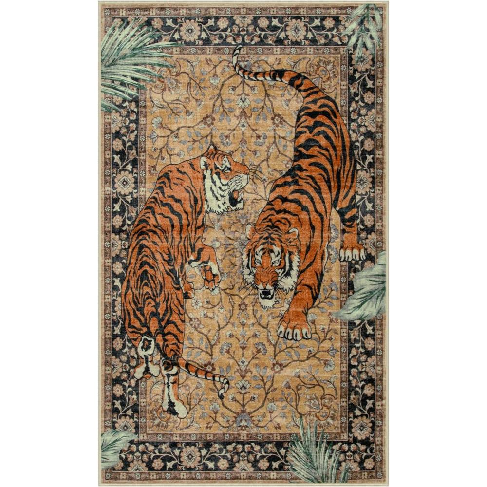 imageMoynesa Tiger Washable Rugs 8x10 Area Rugs for Living Room Soft Large Vintage 8x10 Bedroom Green Rug Botanical Non Slip Ultra Thin Floor Carpet for Dining Room Home OfficeCamel