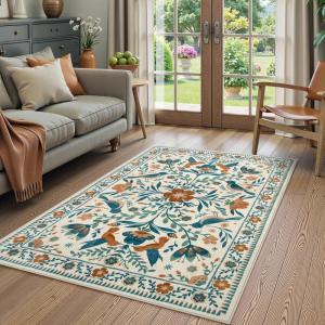 Moynesa Boho Birds Rug 8×10, Area Rug, Green, Machine Washable, Low-Pile, Soft, Playroom Rug, Living Room Carpet(Beige)