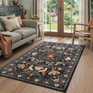 Moynesa Boho Birds Rug 8×10, Area Rug, Green, Machine Washable, Low-Pile, Soft, Playroom Rug, Living Room Carpet(Black)