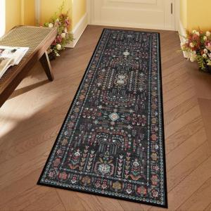 Moynesa Boho Green 5×7 Area Rugs for Living Room, Washable Traditional Living Room Rug Soft Floral Bedroom Rugs, Low-Pile Oriental Dining Room Rug Indoor Floor Carpet for Playroom(Black)