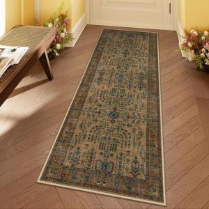 Moynesa Boho Green 5×7 Area Rugs for Living Room, Washable Traditional Living Room Rug Soft Floral Bedroom Rugs, Low-Pile Oriental Dining Room Rug Indoor Floor Carpet for Playroom(Brown)