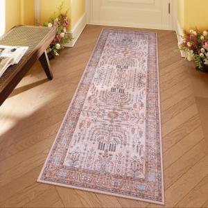 Moynesa Boho Green 5×7 Area Rugs for Living Room, Washable Traditional Living Room Rug Soft Floral Bedroom Rugs, Low-Pile Oriental Dining Room Rug Indoor Floor Carpet for Playroom(Pink)