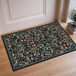 Moynesa Floral Washable 8×10 Rug, Large Rugs for Living Room, Green Soft 8 x 10 Boho Bedroom Rugs, Non Slip Botanical Ultra Thin Floor Carpet for Dining Room Nursery, Green(Black)
