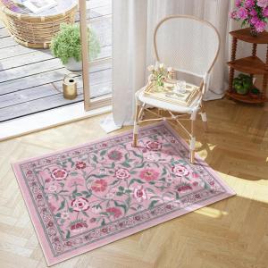 Moynesa Floral Washable Rug, 2×3 Non-Slip Kitchen Rugs Ultra-Thin Soft Entryway Rug Rubber Backing, Boho Sage Green Small Welcome Door Indoor Throw Mat for Bathroom Entry Bedroom(Pink)