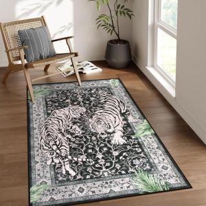 Moynesa Tiger Washable Rugs, 8×10 Area Rugs for Living Room, Soft Large Vintage 8×10 Bedroom Green Rug, Botanical Non Slip Ultra Thin Floor Carpet for Dining Room Home Office(Black)