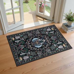 Moynesa Washable 8×10 Area Rugs for Living Room, Boho Floral Soft Blue 8 x 10 Dining Room Rug, Non Slip Ultra Thin Stain Resistant Large Floor Carpet for Bedroom Home Office(Black)