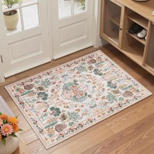 Moynesa Washable 8×10 Area Rugs for Living Room, Boho Floral Soft Blue 8 x 10 Dining Room Rug, Non Slip Ultra Thin Stain Resistant Large Floor Carpet for Bedroom Home Office(Beige)